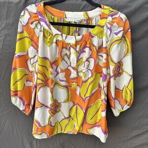 Trina Turk Women’s Floral Silk Top Three Quarter Sleeves Multicolor Size Small